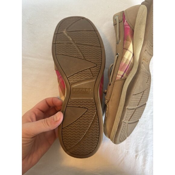 SPERRY Top Sider Beige Boat Shoes with Pastel Plaid TrIm Women's Size 8M EUC - Picture 3 of 7